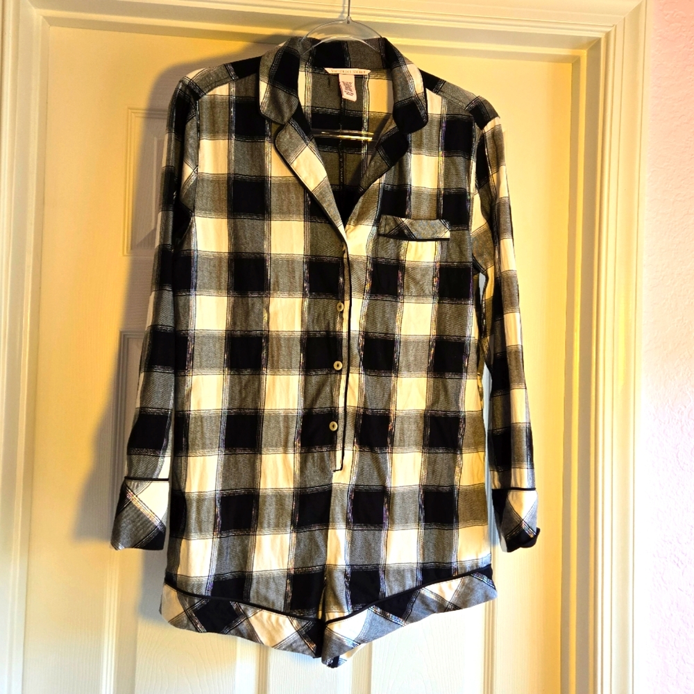 Victoria's Secret Black Buffalo Plaid Short romper Pajamas One Piece size XS